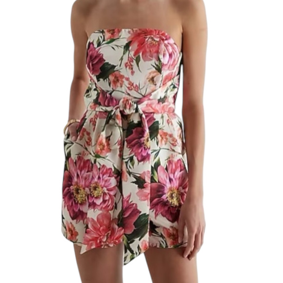 Express Satin Strapless Floral Shorts Romper Tie Waist Boning In Top Size 16 NEW - Picture 1 of 12